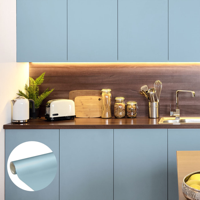Rouleau adhésif décoratif Vinyle au Mètre - Bleu poudre - Sticker Lavable Imperméable Mur Cuisine Meubles