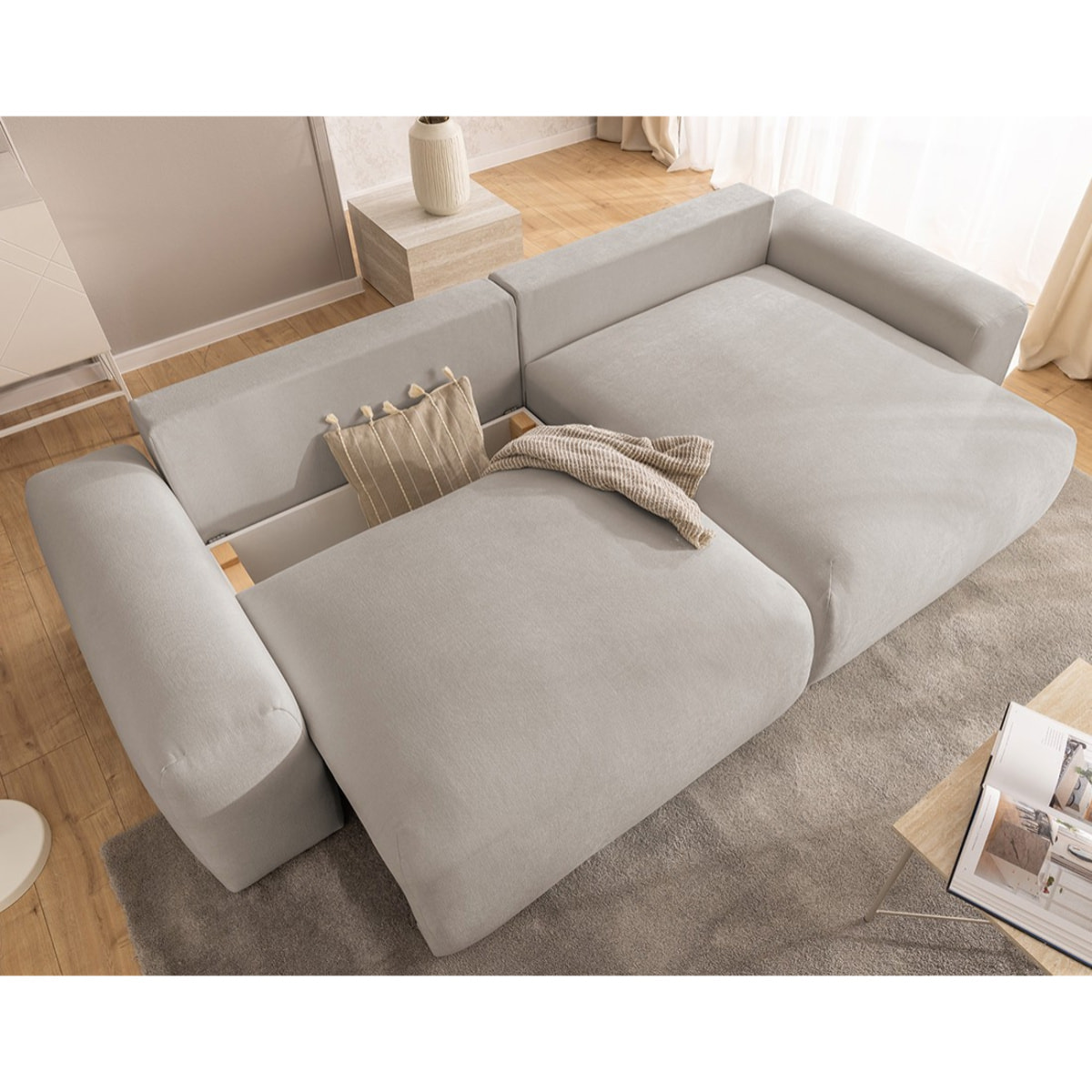 Constance - Canapé d'angle réversible 4 places convertible avec coffre en tissu - Beige