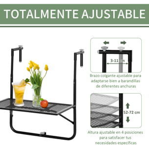Mesa Colgante de Balcón, Mesa Plegable para Balcón de Metal para Barandilla, con Altura Ajustable en 4 Niveles, Carga 10 kg, para Terraza, Jardín, Exterior, 60x60x57-72 cm, Negro