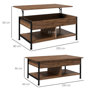 Table basse relevable - étagère inférieure, coffre de rangement - dim. 100L x 80l x 60H cm - aspect bois rustique noir