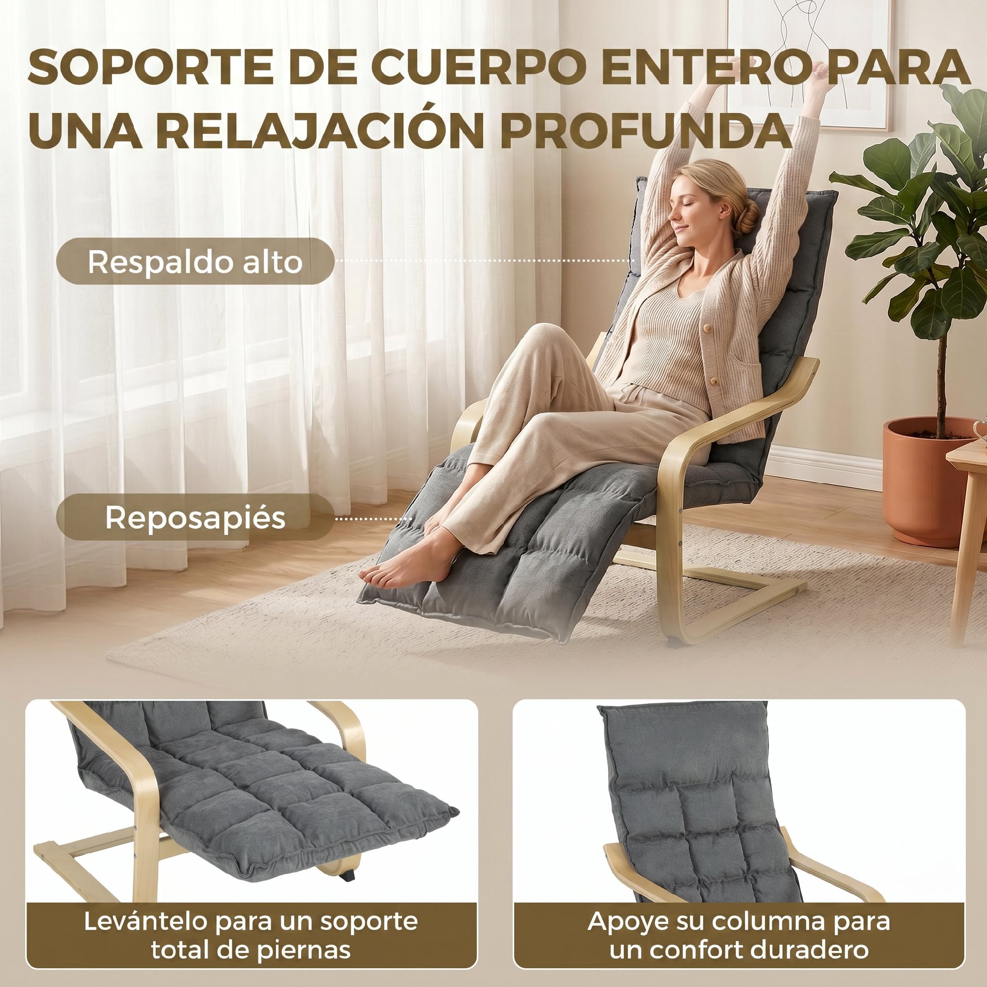 Sillón de Salón con Reposapiés, Butaca de Salón Tapizada en Lino con Balanceo Suave, Respaldo Alto, Asiento Amplio, Sillón de Relax para Dormitorio, Oficina, Estudio, Gris