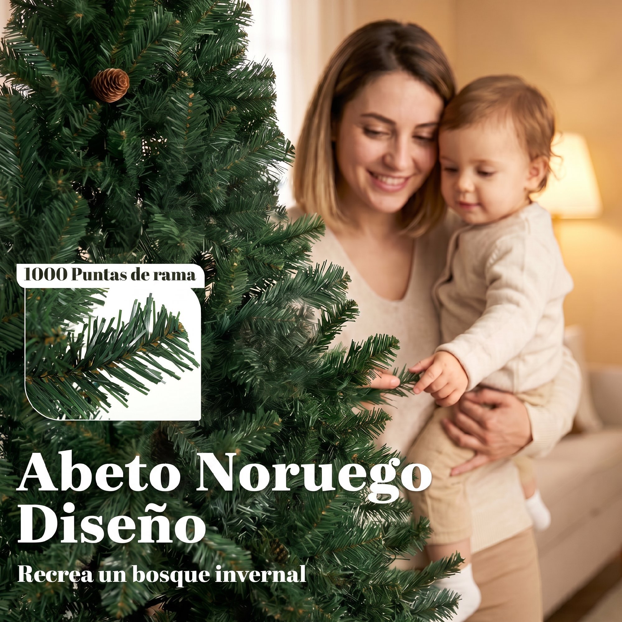 Árbol de Navidad Artificial Ø98x200 cm, Árbol de Navidad, Pícea Abeto Artificial con 1000 Ramas Articuladas, Base Plegable, Fácil de Montar, Decoración para Hogar, Oficina, Fiestas