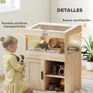 Jaula para Hámster con Espacio de Almacenaje Casa para Hámster con Paneles Acrílicos Visibles Estante Ajustable para Jerbo 60x40x82,5 cm Natural