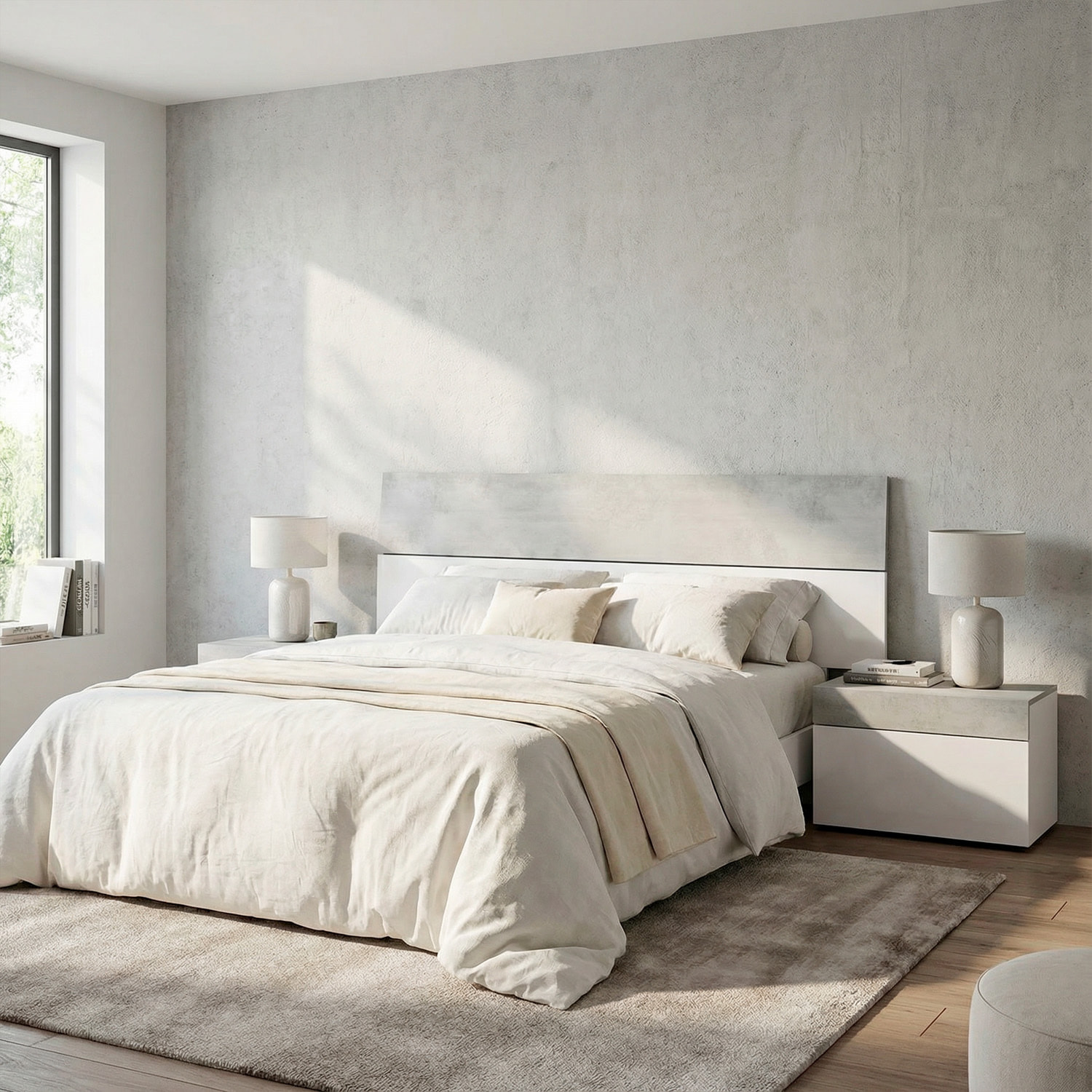 Testiera Letto Matrimoniale Con 2 Comodini Da 1 Cassetto E Guide Metalliche Design Moderno Minimal 276 x 94 x 40 Cm Colore Bianco E Grigio Cemento