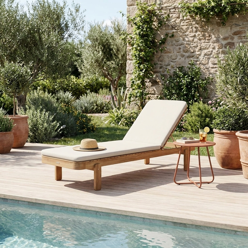 Bain de soleil bois d'acacia multi positions avec coussin ZENYA