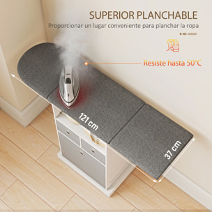 Mueble de Plancha con Ruedas, Tabla de Planchar Plegable, Mueble Planchador con 3 Cajones de Tela, Compartimento Abierto, 121x37x89,5 cm, Blanco