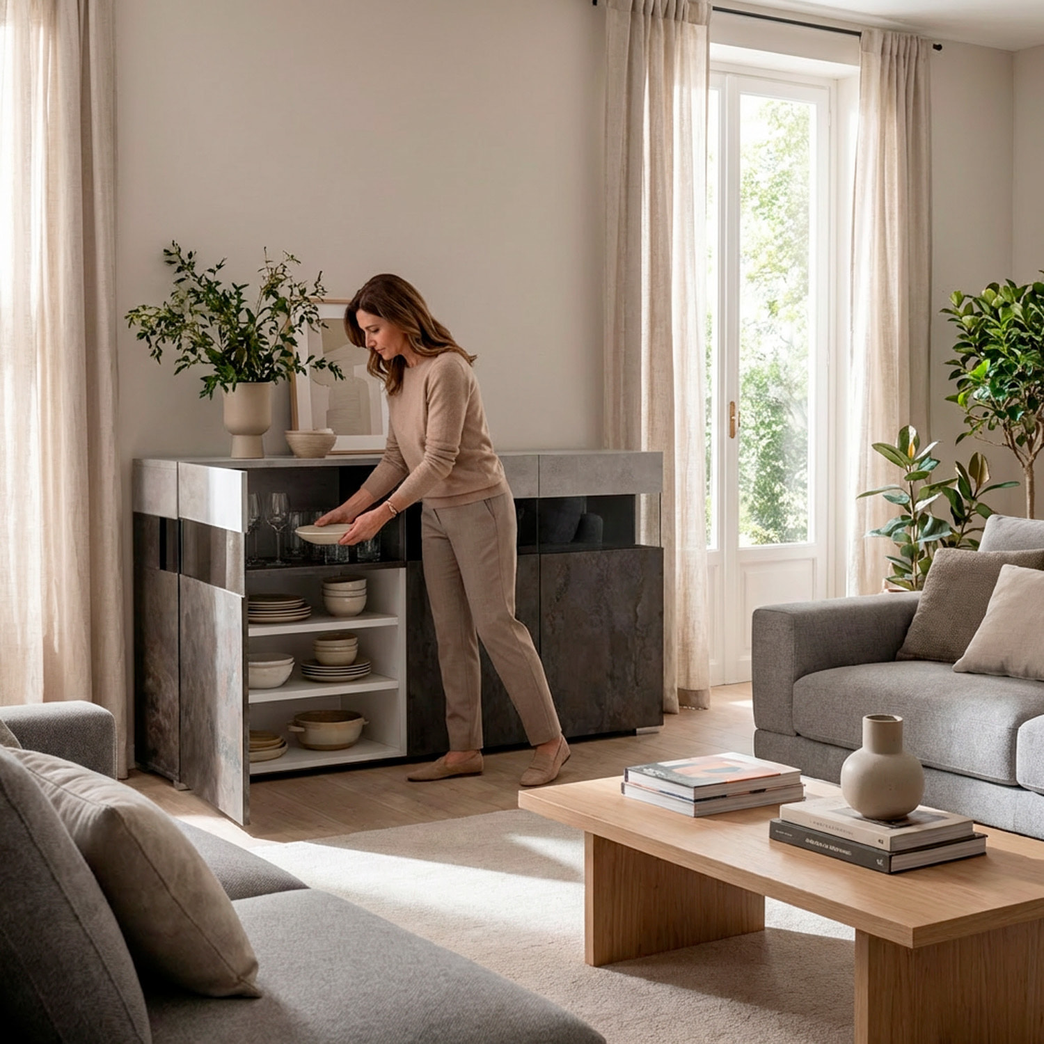 Madia Soggiorno Con 3 Ante Push-Pull E 3 Vani A Giorno in Vetro Mobile Credenza Moderna Zona Living 180 x 41.2 x 80 Cm Ossido E Grigio Cemento