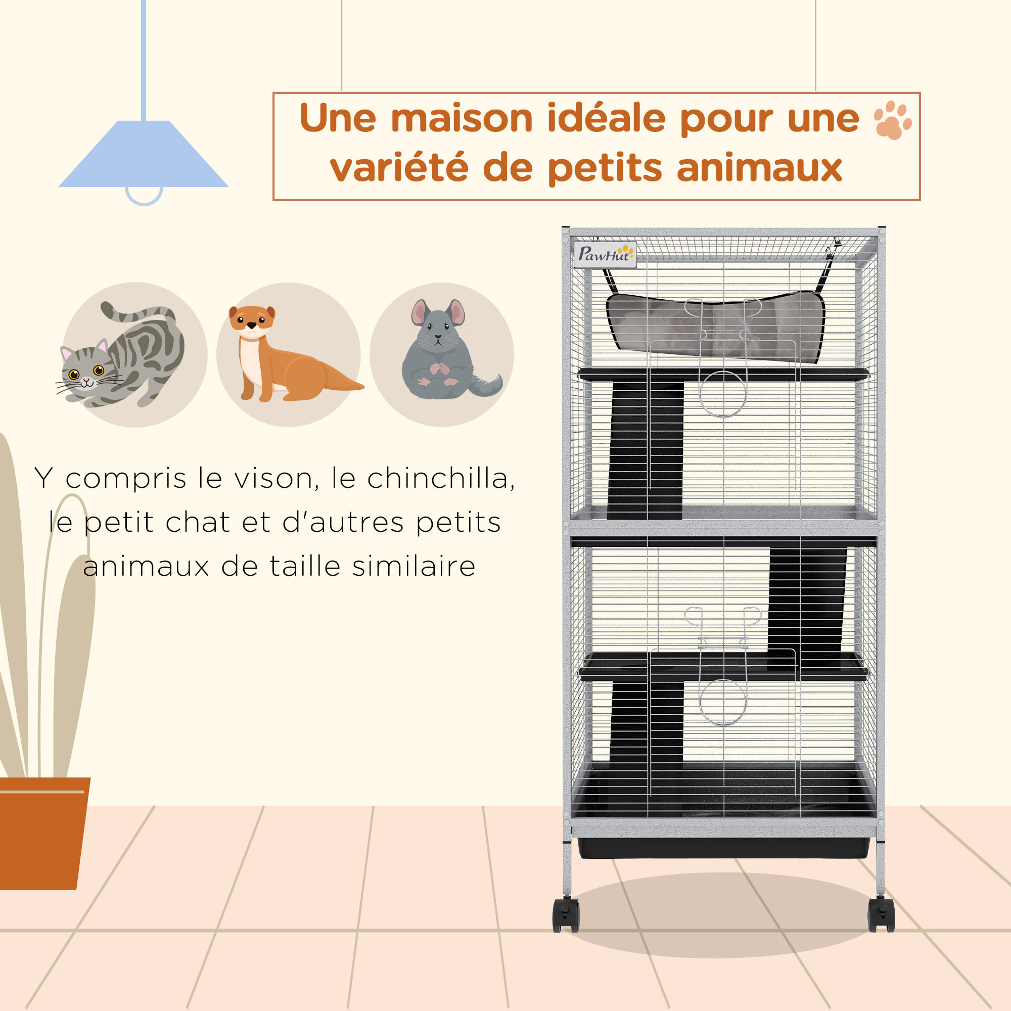 Cage pour petits animaux portable avec 2 portes hamac métal PP 52 x 52 x 113,5 cm blanc