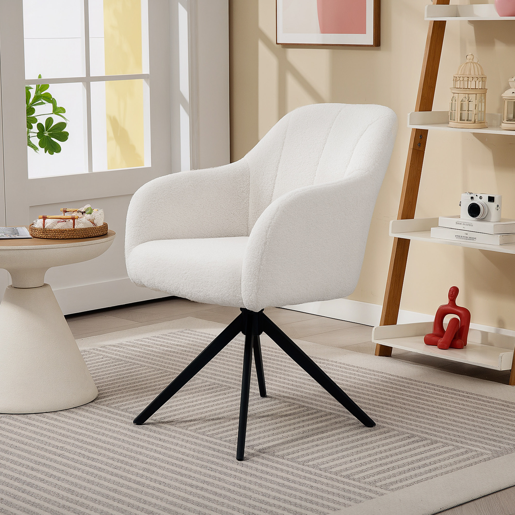 Fauteuil design piètement acier noir 4 branches effet laine bouclée blanc