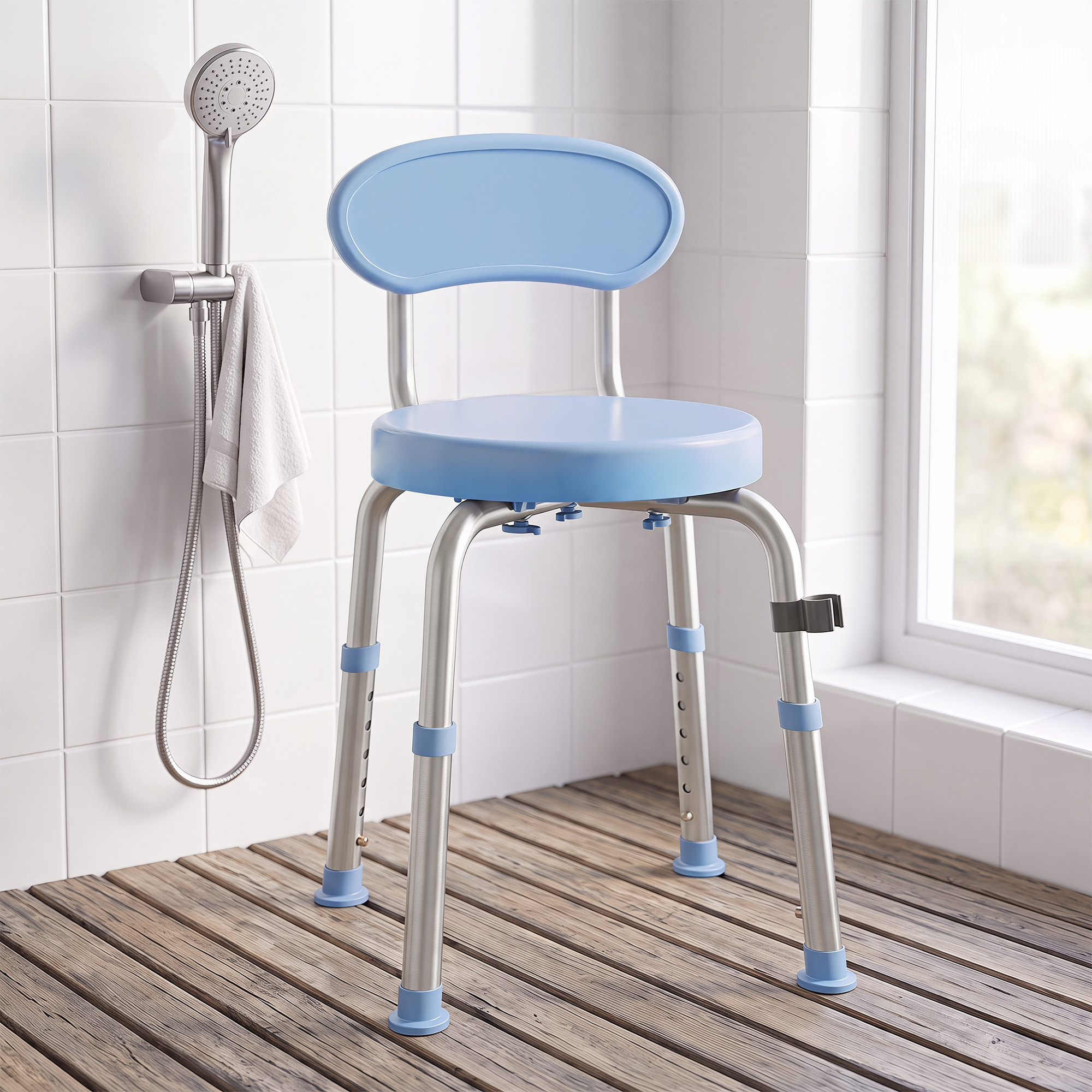 Tabouret de douche réglable pivotant alu PP bleu clair