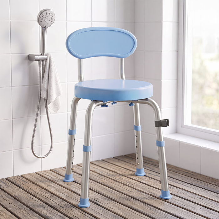 Tabouret de douche réglable pivotant alu PP bleu clair