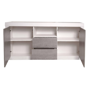 Credenza moderna a 2 ante, Buffet da cucina, Madia con scaffali, Mobile da soggiorno Porta TV, cm 185x44h86, colore Bianco e Cemento