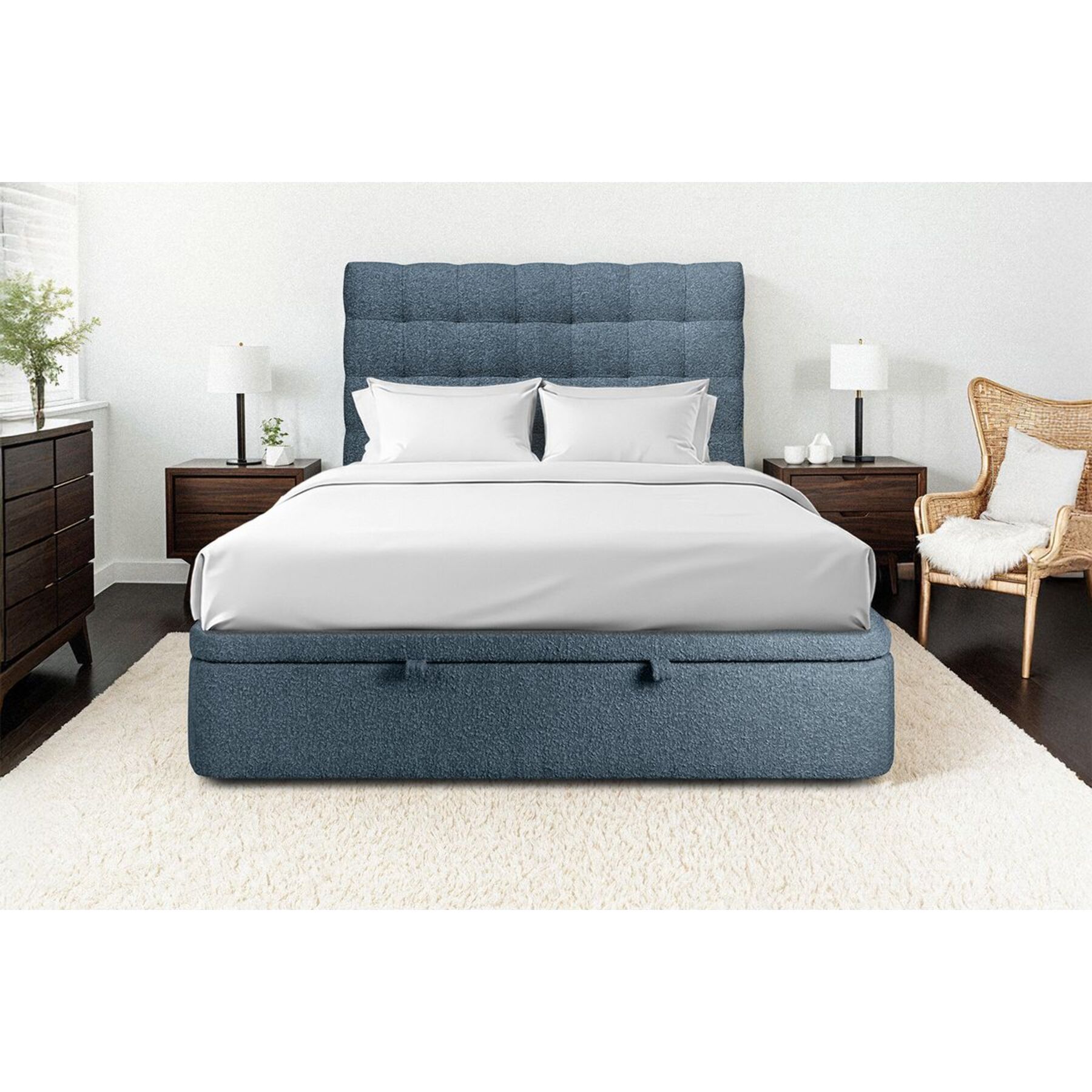 Lit avec sommier et tête de lit capitonnée - Tissu bouclette au style chic - Adapté à tous les matelas, montage rapide - Rangement XXL
