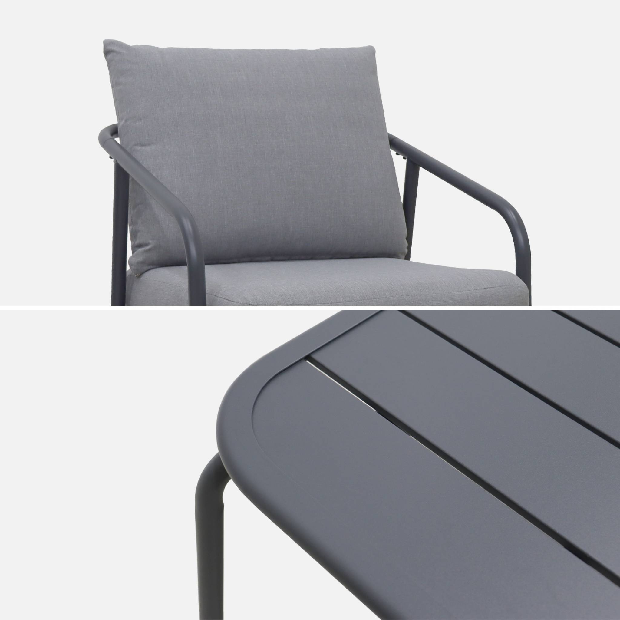 Salon de jardin en métal 4 places anthracite. coussins gris. design épuré arrondi