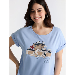 Fiorella Rubino - T-shirt con stampa estiva e strass - Azzurro