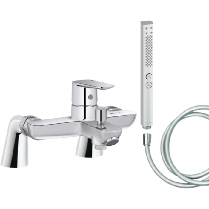 Mitigeur baignoire July+ + pommeau de douche Shift+ carré + flexible de douche lisse + colonnettes