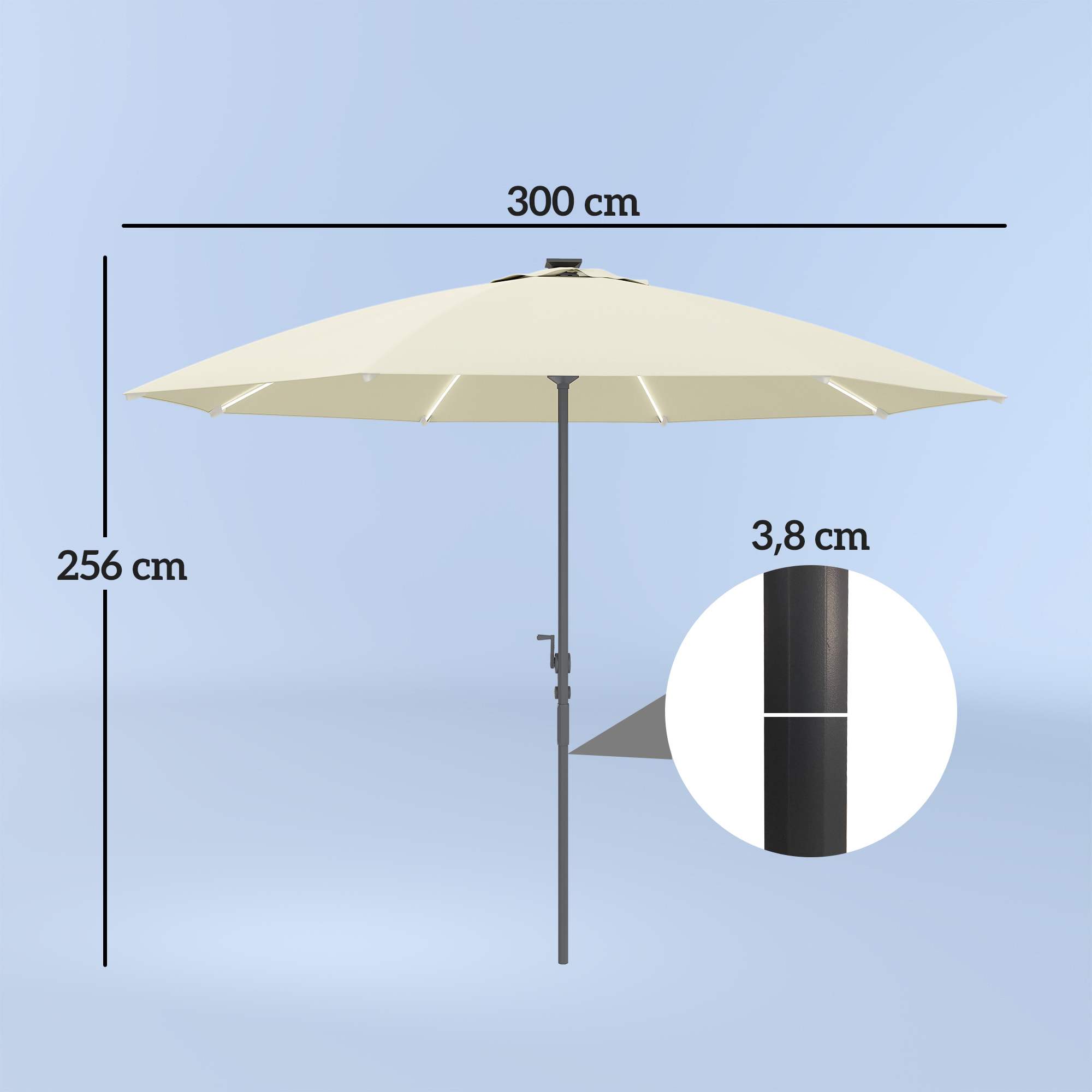 Sombrilla Terraza Exterior con Luces LED Ø300x256 cm Sombrilla de Jardín con Manivela Techo de Ventilación Protección UV50+ y Poste de Aluminio Parasol para Patio Piscina Playa Crema