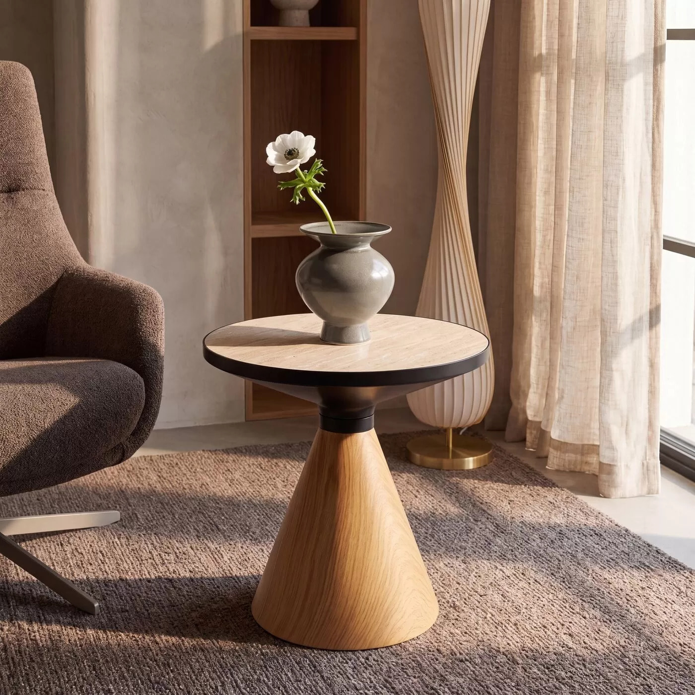 Table d'appoint Cono Travertino 50cm chêne Kare Design