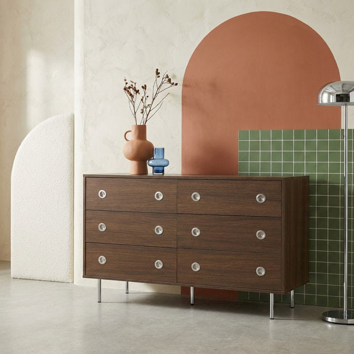 Commode vintage décor bois et acier inoxydable 6 tiroirs SHELBY