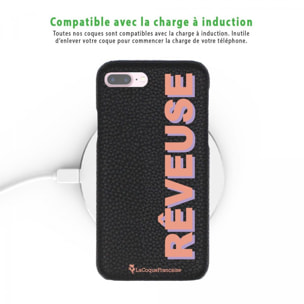 Coque iPhone 7 Plus/ 8 Plus effet cuir grainé noir Rêveuse corail et parme Design La Coque Francaise