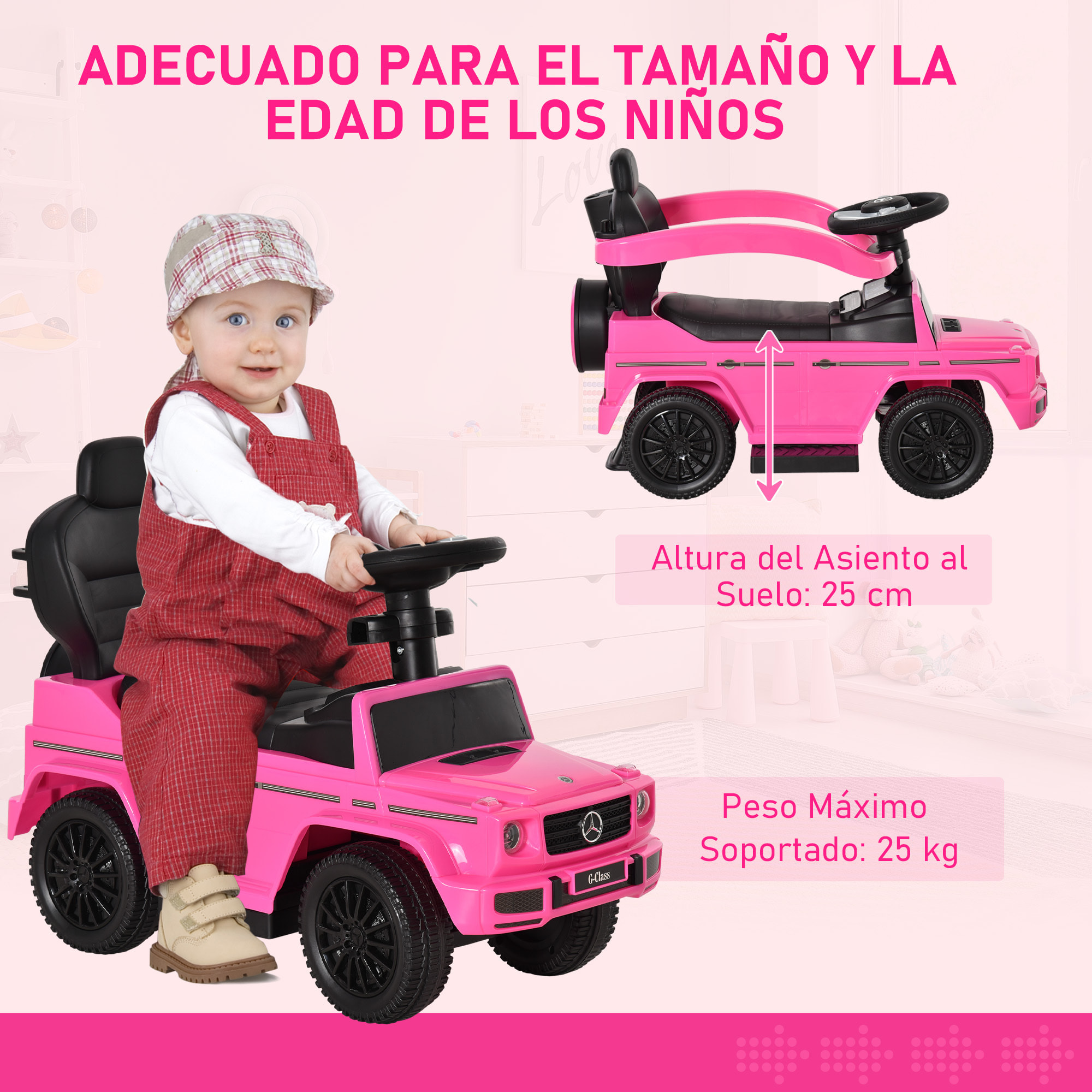 Correpasillos para Niños con Licencia Mercedes G350 Coche Correpasillos para Niños de 1-3 Años con Bocina Capota Extraíble y Barandilla Carga 25 kg 85,5x40,5x95 cm Rosa