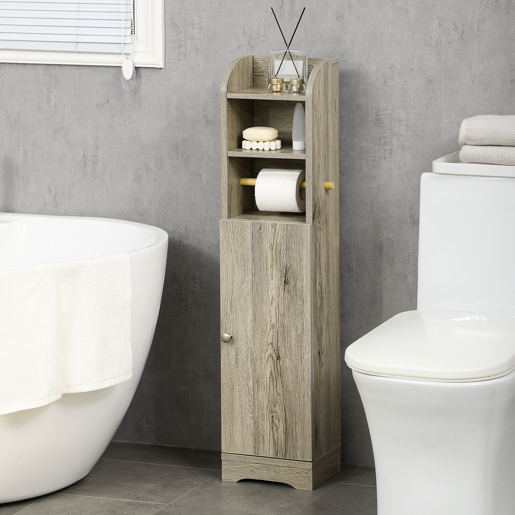 Meuble WC armoire toilette - porte, 2 étagères, niche, support papier - dim. 23L x 18l x 100H cm - gris