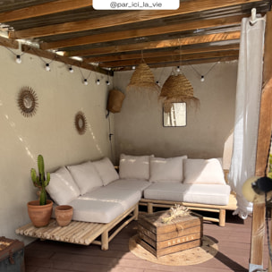 Canapé d'angle de jardin 4 places en teck et coussins blancs - Sunny
