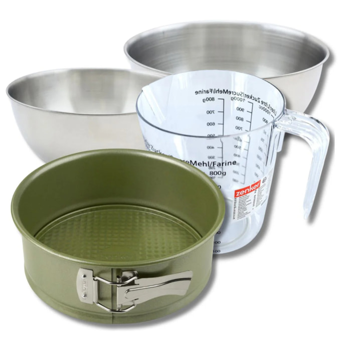 Set pâtisserie avec moule à manqué 26 cm revêtement cire de carnauba, 2 bols à mixer, verre mesureur et spatule Zenker