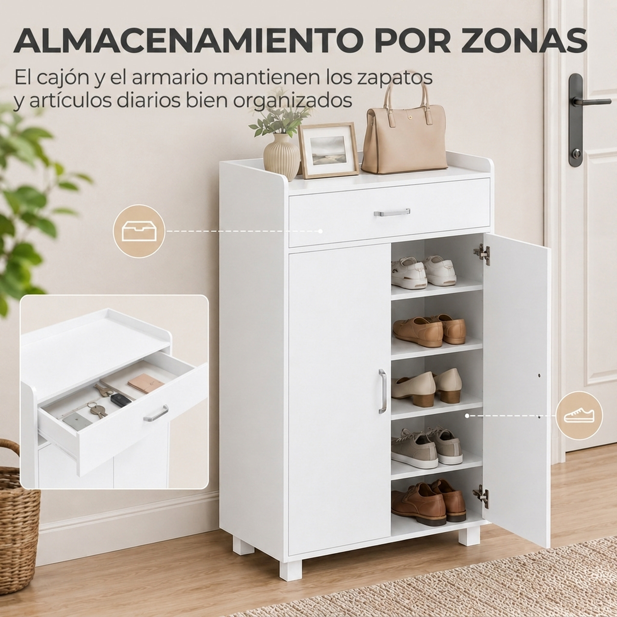 HOMCOM Mueble Zapatero con 1 Cajón y 5 Estantes, Armario para Zapatos Moderno con Estantes Ajustables, Zapatero Entrada Recibidor para 12-15 Pares en Pasillo, 62,5x35x95 cm, Blanco