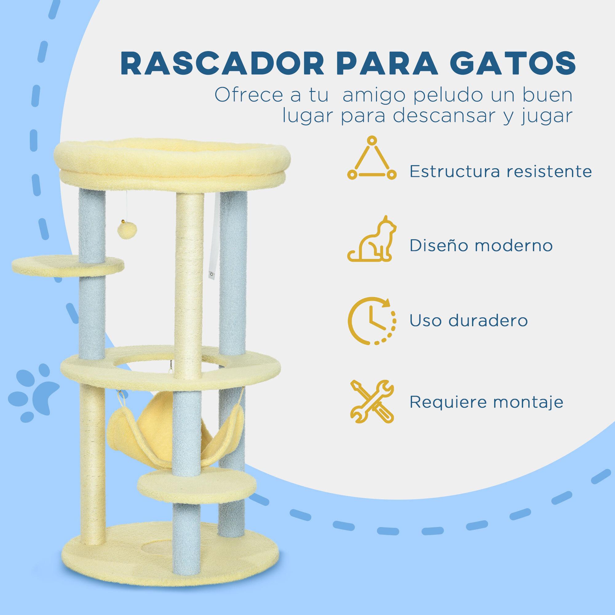 Árbol Rascador para Gatos Mediano 110 cm Torre para Gatos Centro de Actividades para Gatitos con Hamaca Poste de Sisal y Bola Colgante Ø58x110 cm Amarillo y Azul