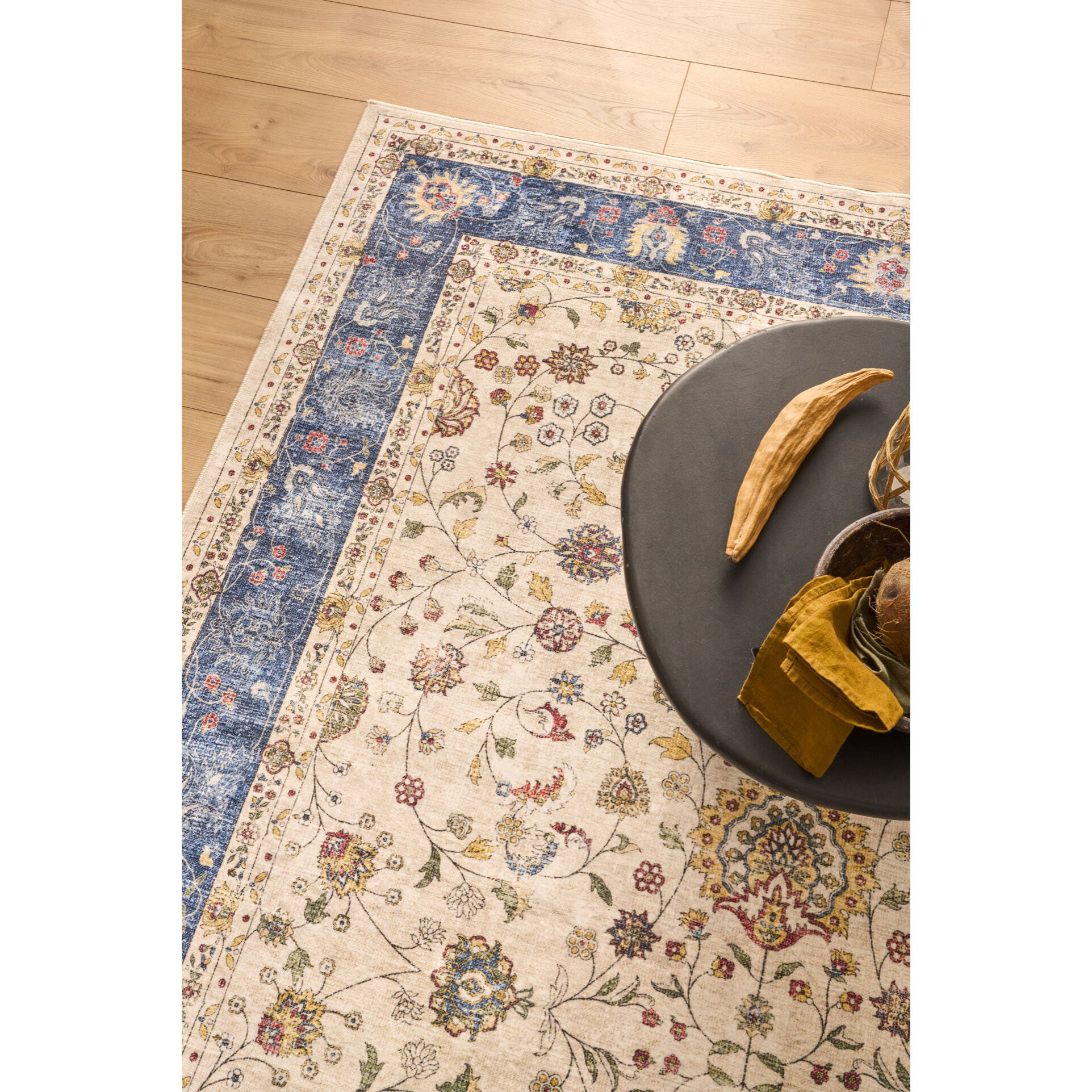 OTTOMAN - Tapis à poils courts doux à motif arabesque bleu