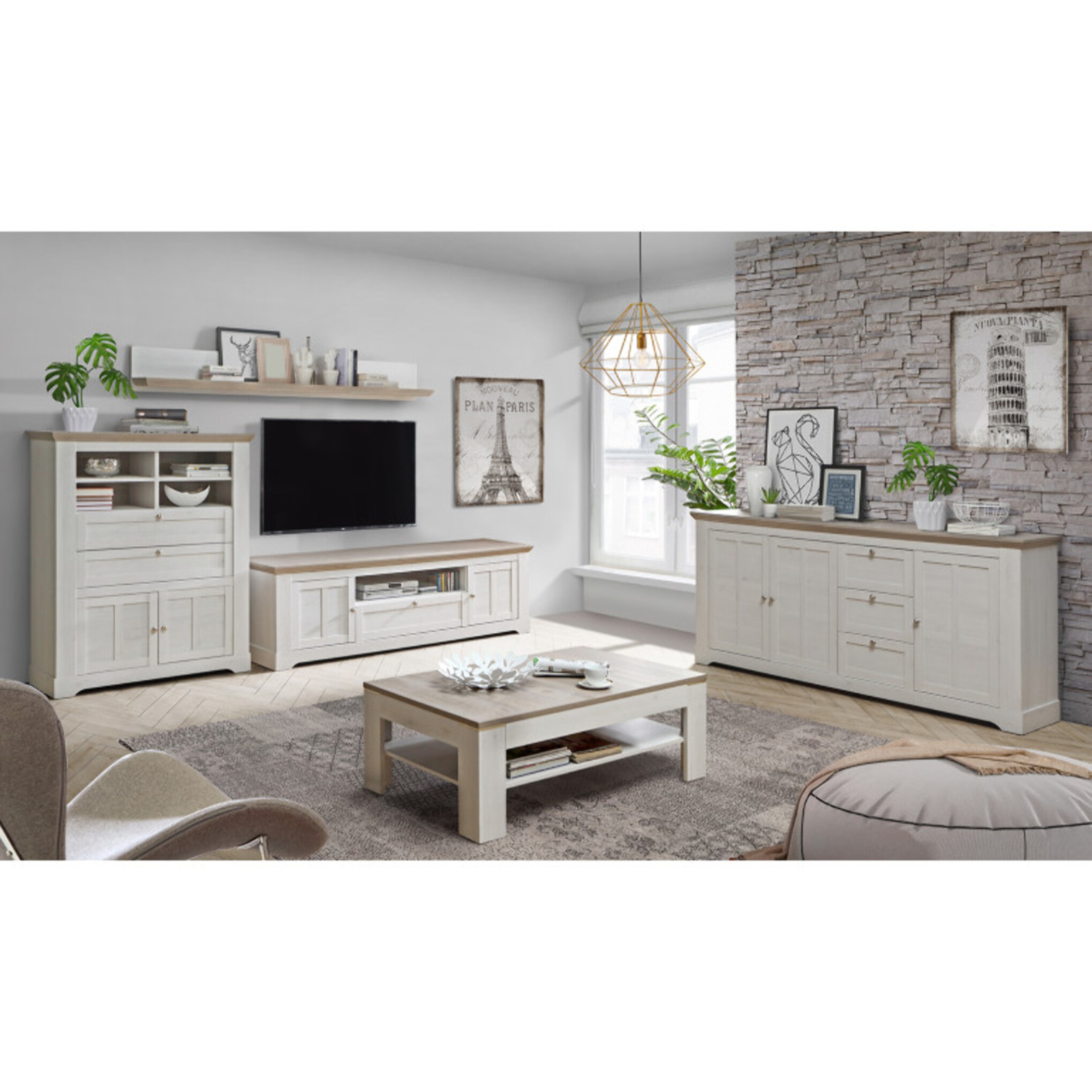 Table basse avec étagère en bois effet chêne clair blanchi - ILONA