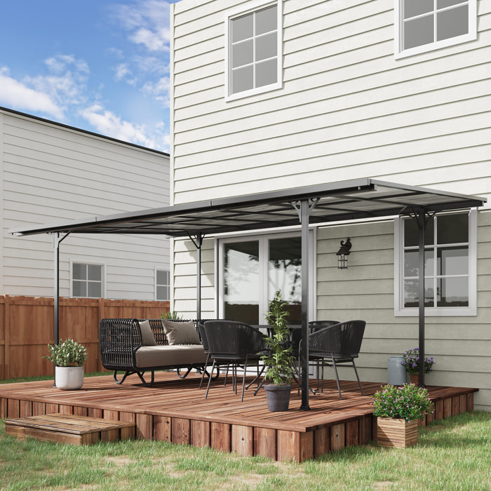 Pergola adossable rigide acier alu. toit polycarbonate dim. 5L x 2,99l x 2,23H m gris