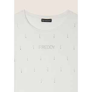 T-Shirt in jersey modal con Strass e Taglio Arrotondato