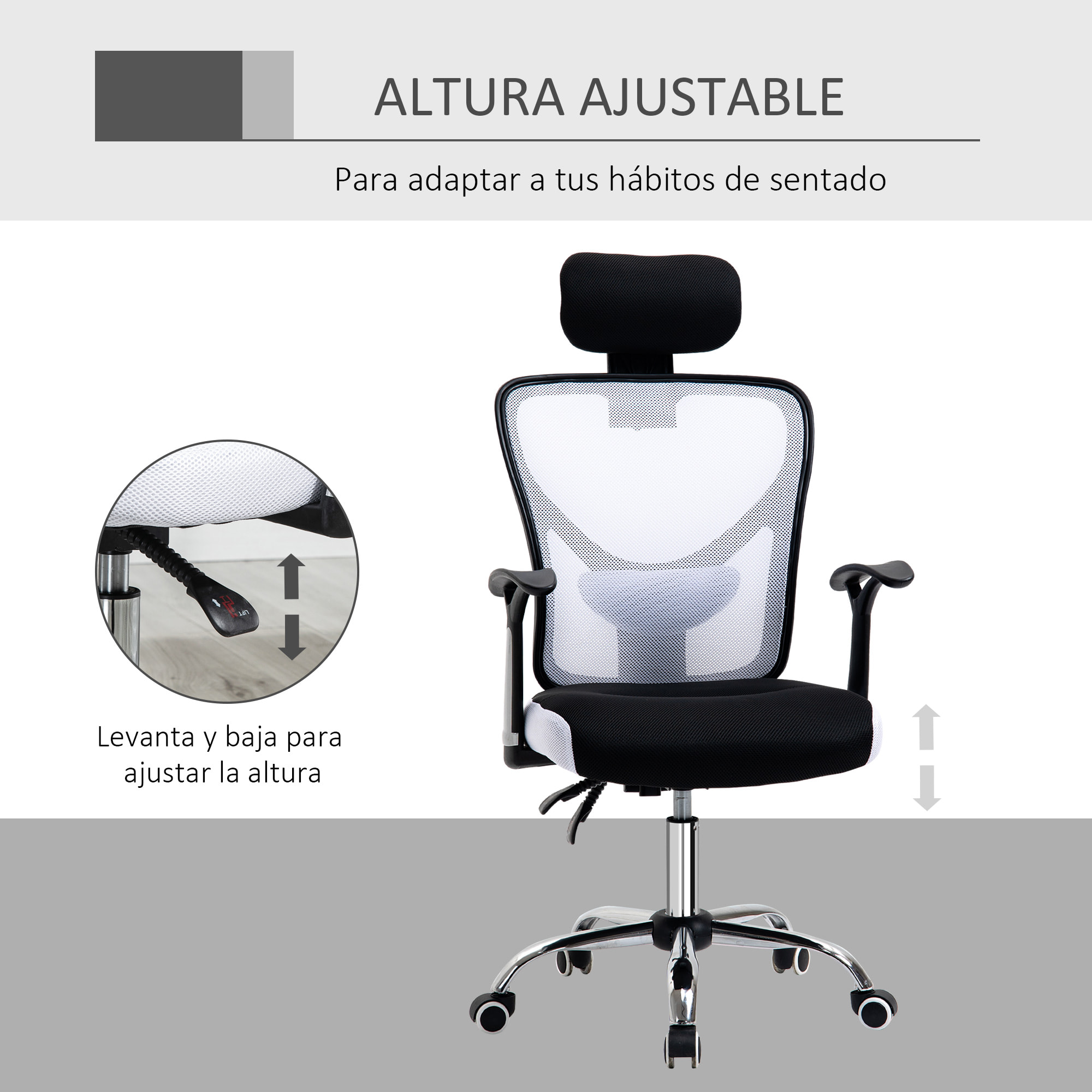 Vinsetto Silla de Oficina Ergonómica Silla Escritorio Giratoria con Altura Ajustable Función Reclinable Reposacabezas Regulable y Soporte Lumbar 65x67x108-118 cm Blanco
