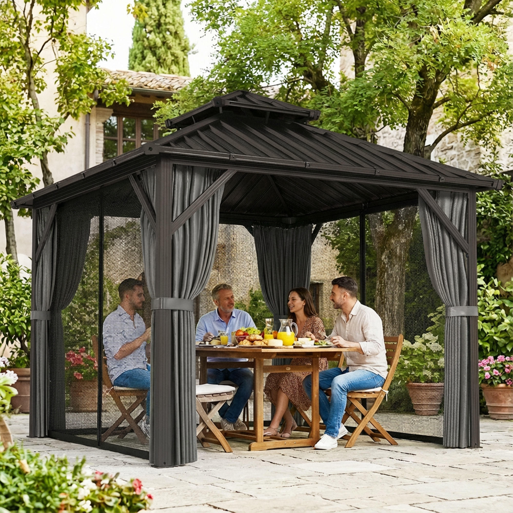 Pavillon de jardin  toit rigide - rideaux et moustiquaire - alu et acier - 3x3m - gris foncé