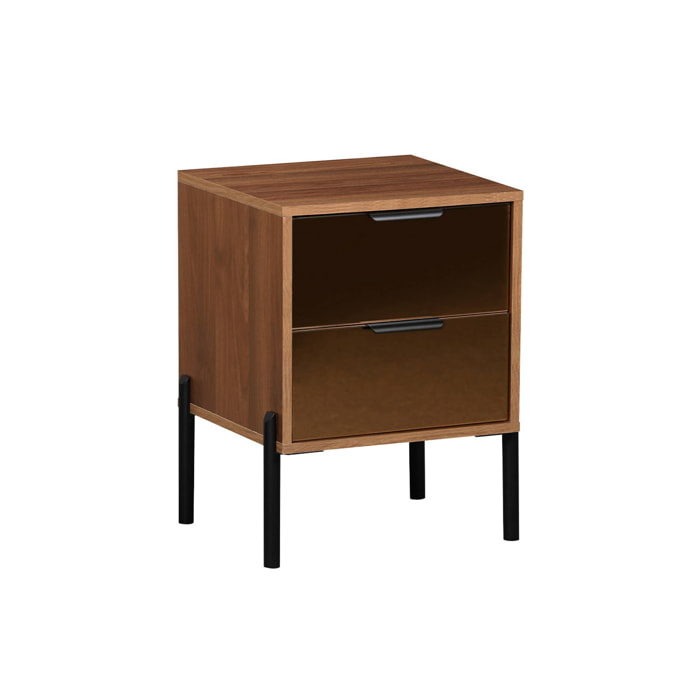Table de chevet vintage 2 tiroirs effet bois et vitres fumées. L 43 x P 38 x H 54.8cm