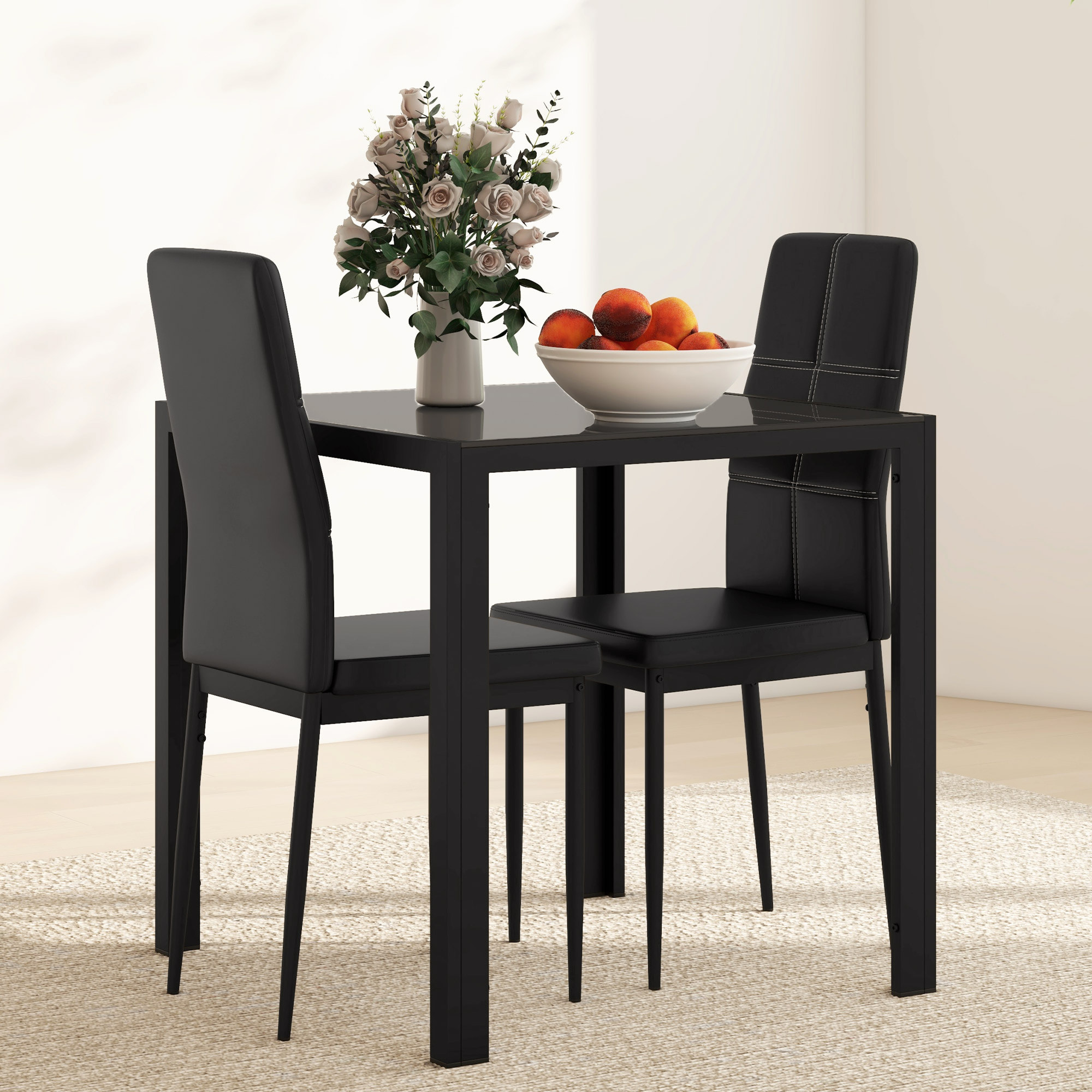 Ensemble table à manger carré et 2 chaises grand confort métal noir plateau verre trempé 8 mm