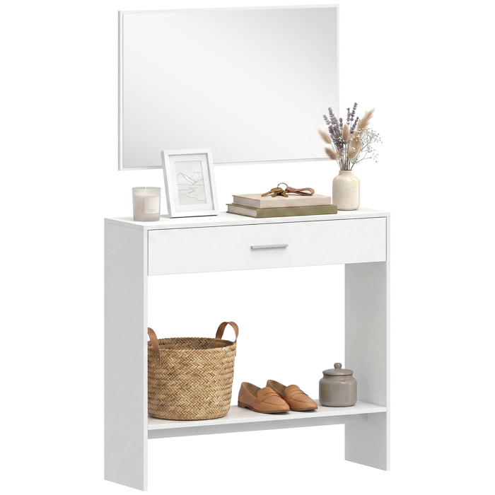 Recibidor de Entrada con Espejo, Cajón y Estante, Mueble de Recibidor de 2 Piezas con Mesa Consola y Espejo, Diseño Antivuelco, para Pasillo, 91,5x27,9x85,5 cm, Blanco