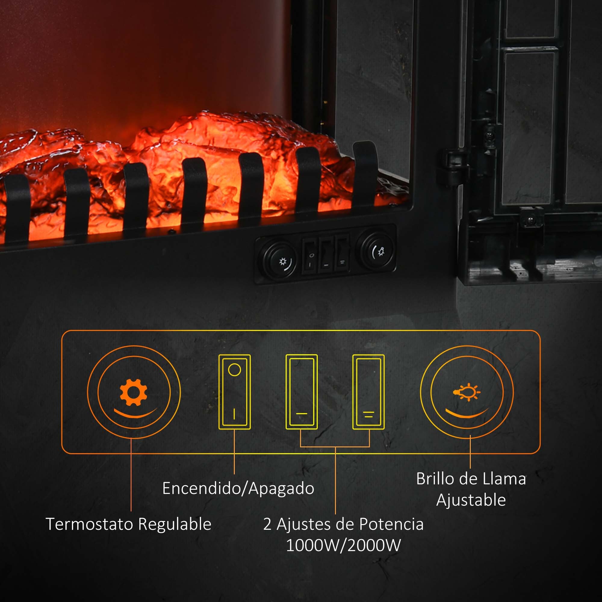 Chimenea Eléctrica 1000 W/2000 W Chimenea Decorativa con Ventanas LED Llamas Brillo Ajustable y Protección Sobrecalentamiento para 15-20 Ã£Å½Â¡ 60x37x60,5 cm Negro
