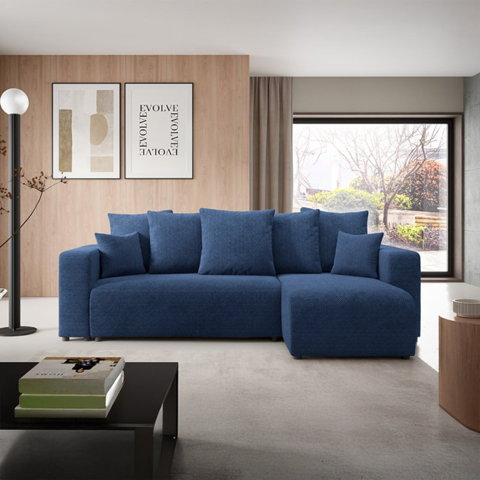 GLORIA - Canapé d'angle droit convertible 4 places en tissu bleu