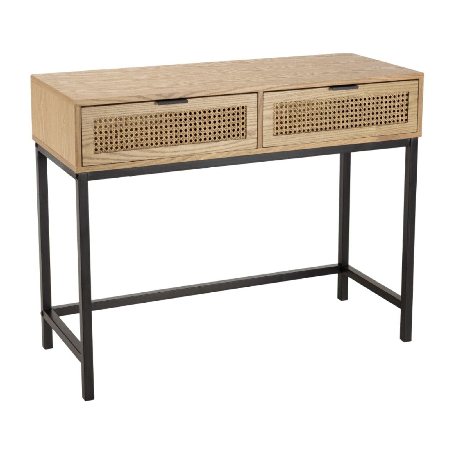 MARCEAU - Console 2 tiroirs cannage naturel pieds métal noir