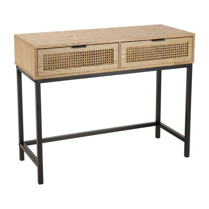 MARCEAU - Console 2 tiroirs cannage naturel pieds métal noir