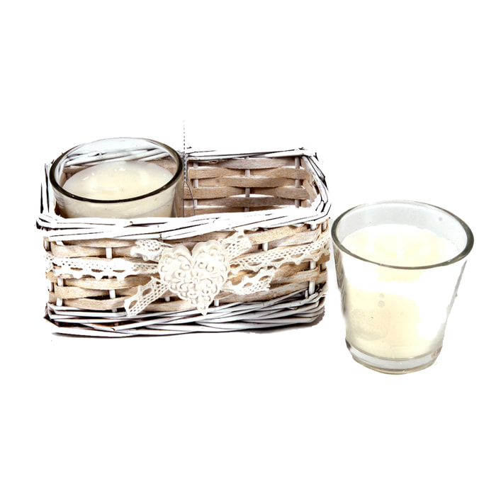 Candele, 2 pezzi, in Cesto. Larghezza 14 Cm - Pezzi 3 - 14X6,5X10cm - Colore: Bianco - Bianchi Dino - Candele