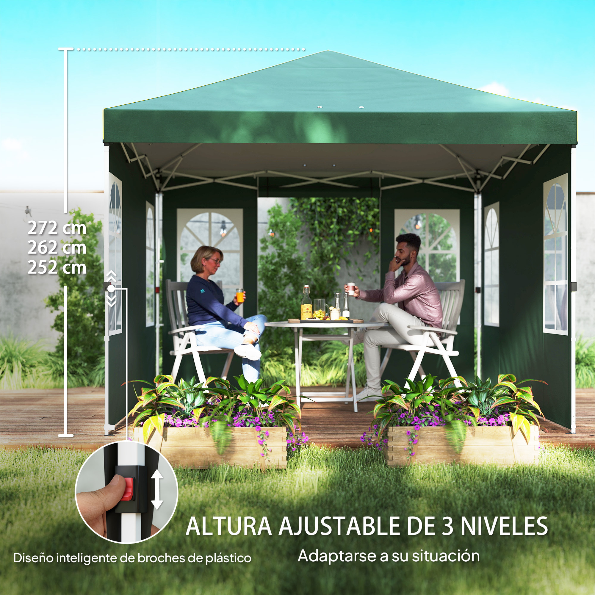 Carpa Plegable 3x3 m, Pop-up, con 4 Laterales Extraíbles, Cenador de Jardín con UPF50+, Bloqueo Central, Altura Ajustable, Bolsa de Transporte, Sacos Arena, Gazebo para Exterior, Verde