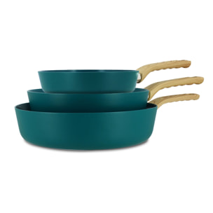 Lot de 3 poêles en aluminium recyclé bleu canard - tous feux COLORAMA