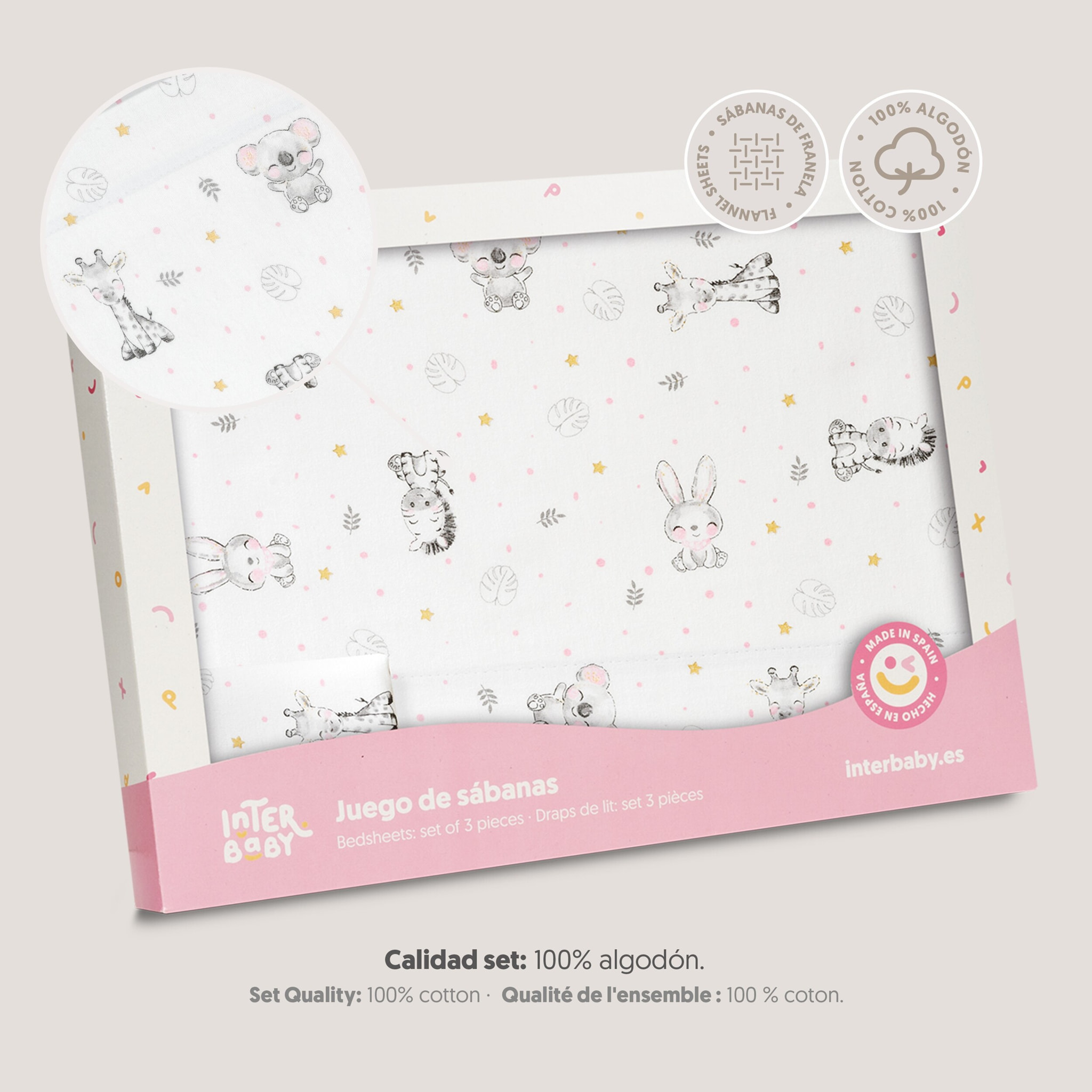 Triptico Cuna Franela Modelo Koala Bco/Rosa