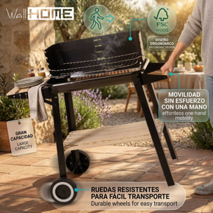Barbacoa de Carbón Rectangular con Estantes de Madera FSC con Parrilla Cromada 45x24 cm - Barbacoa de Jardín con Cortavientos y Ruedas