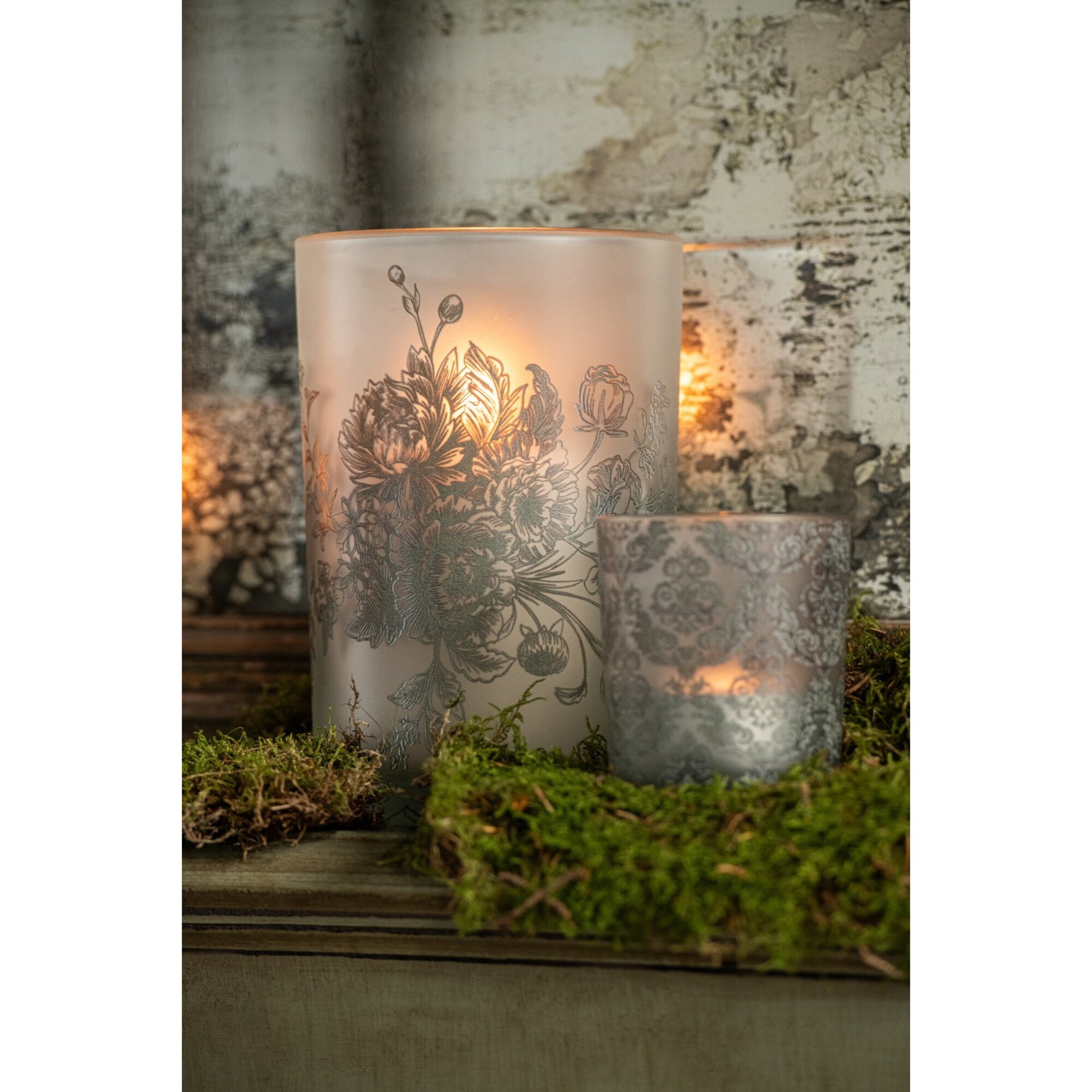 J-Line photophore fleurs - verre - vert kaki - large - assortiment de 2