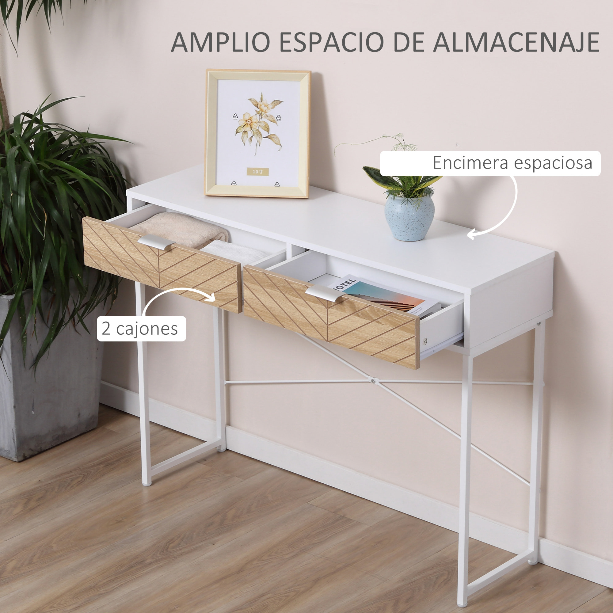 Mesa de Consola 100x30x75 cm Mesa de Entrada con 2 Cajones de Almacenamiento y Marco de Metal Mueble Recibidor Moderno para Pasillo Salón Blanco